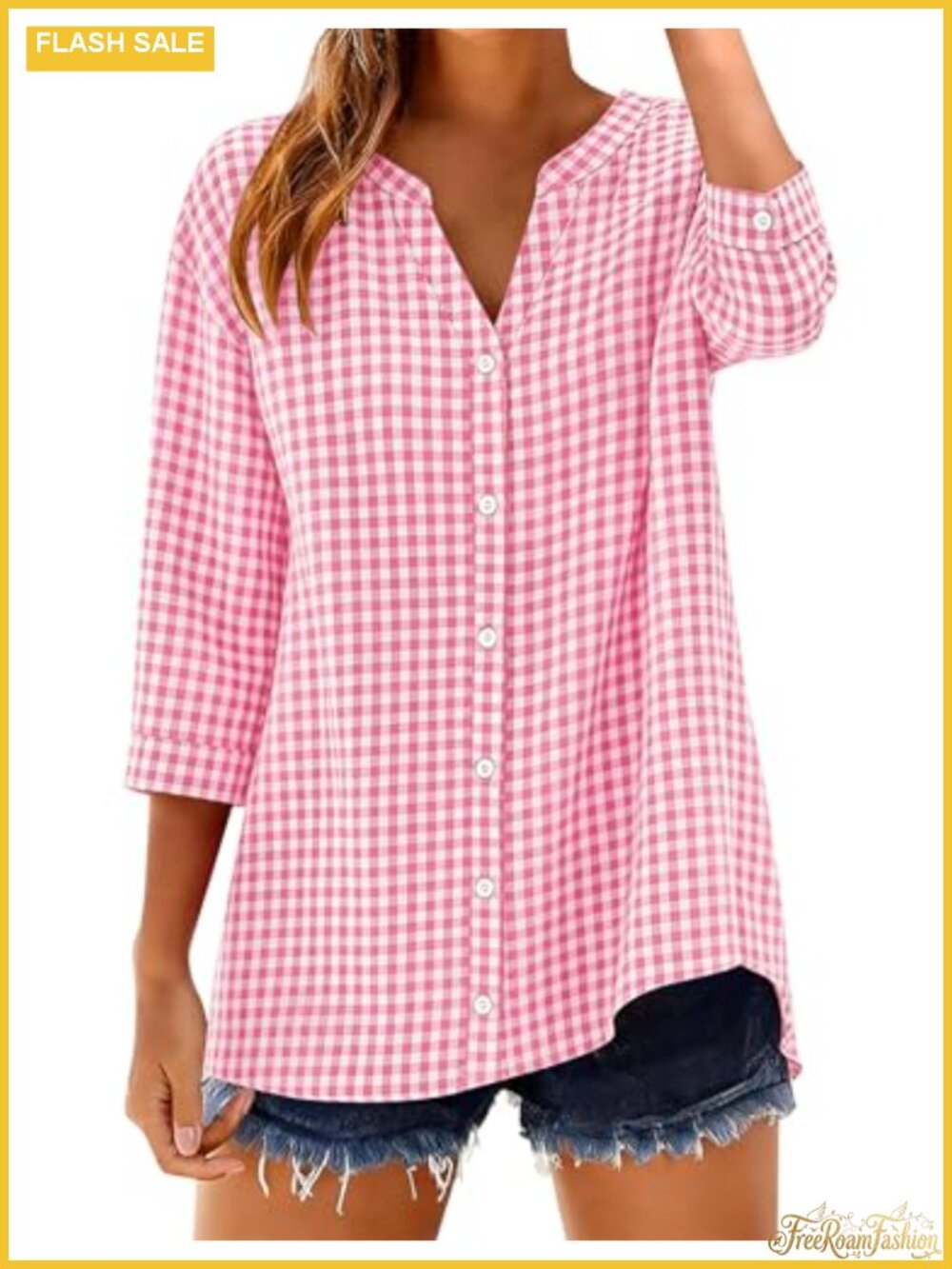 Women's 3/4 Sleeve Cotton Button Down Shirt Gingham Striped Blouse V-Neck
